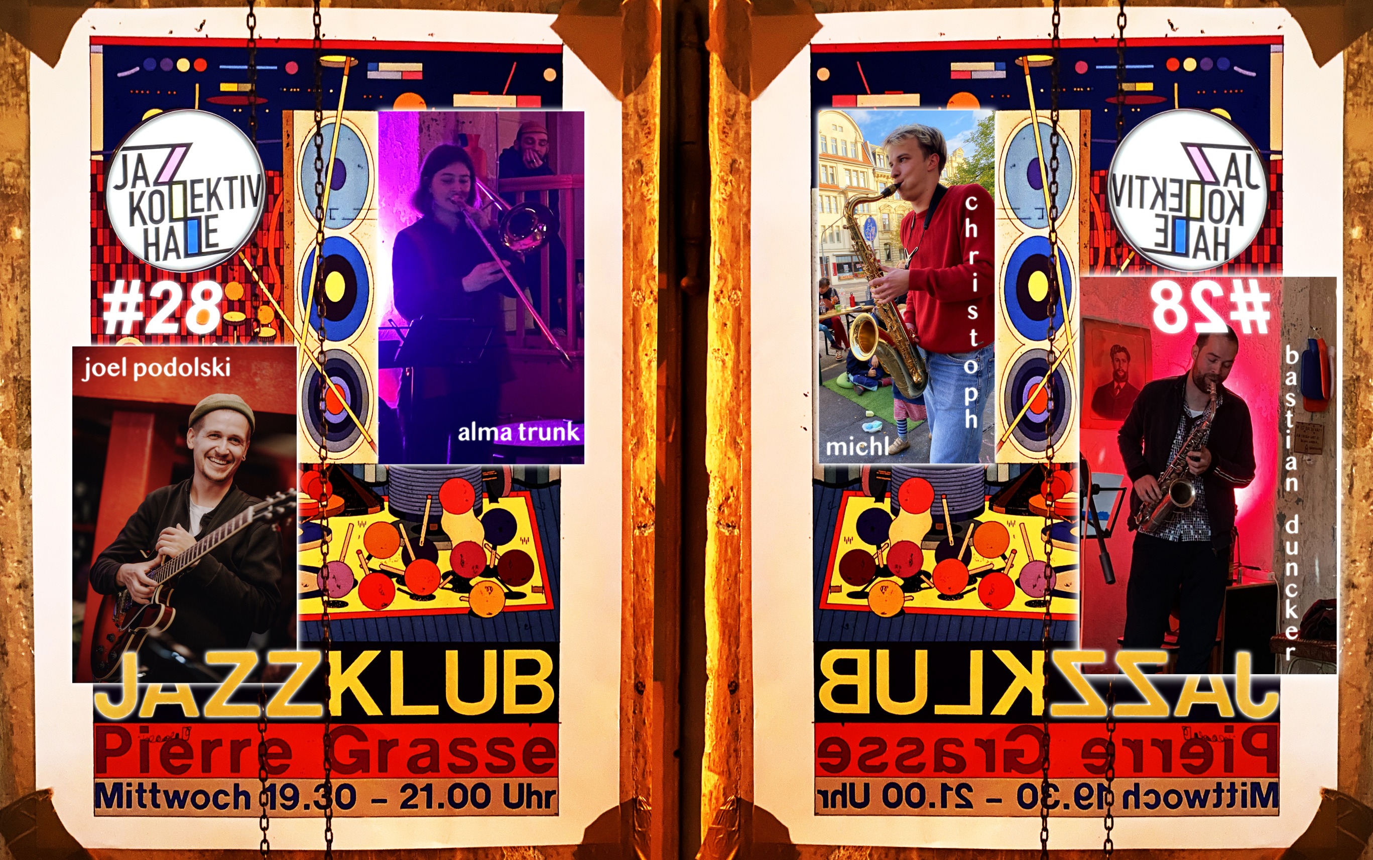 Ein Episodenbild, das aus zwei Plakaten besteht, die nebeneinaner stehen und von denen das Rechte eine Spiegelung des Linken ist. Auf einem Plakat befinden sich zahlreiche bunte Strukturen und Formen. Oben links steht "Jazzkollektiv Halle", in einer Trommel. Darunter "#26". Ganz unten ist zu lesen Jazzklub, Pierre Grasse, Mittwoch 19.30 - 21.00 Uhr. Auf dem linken Plakat befindet sich, unten links ein Photo eines Gitarristen, das mit "joel podolski" beschriftet ist und oben recht das Photo einer Posaunistin, auf dem "alma trunk" zu lesen ist. Auf dem rechten Plakat befindet sich oben links das Photo eines Tenor-Saxophonisten, auf dem "christoph michl" steht und unten rechts das Bild eines Alt-Saxophonisten, das mit "bastian duncker" beschriftet ist.